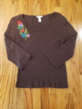 Harold's Chocolate Brown Ribbed 3/4-Sleeve Top w/ Floral Shoulder Embroidery:  M